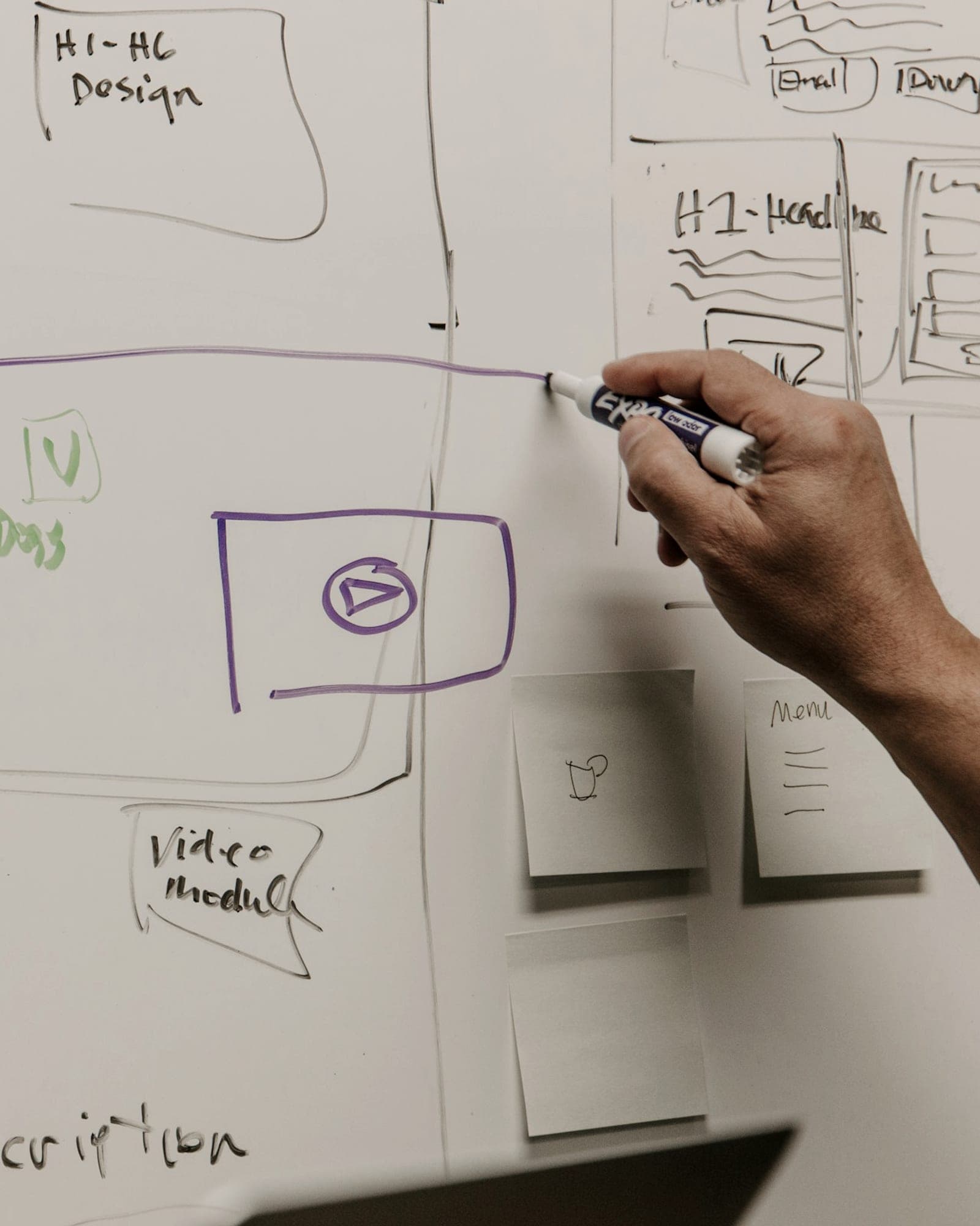 A hand sketching a web page layout on a whiteboard with a marker