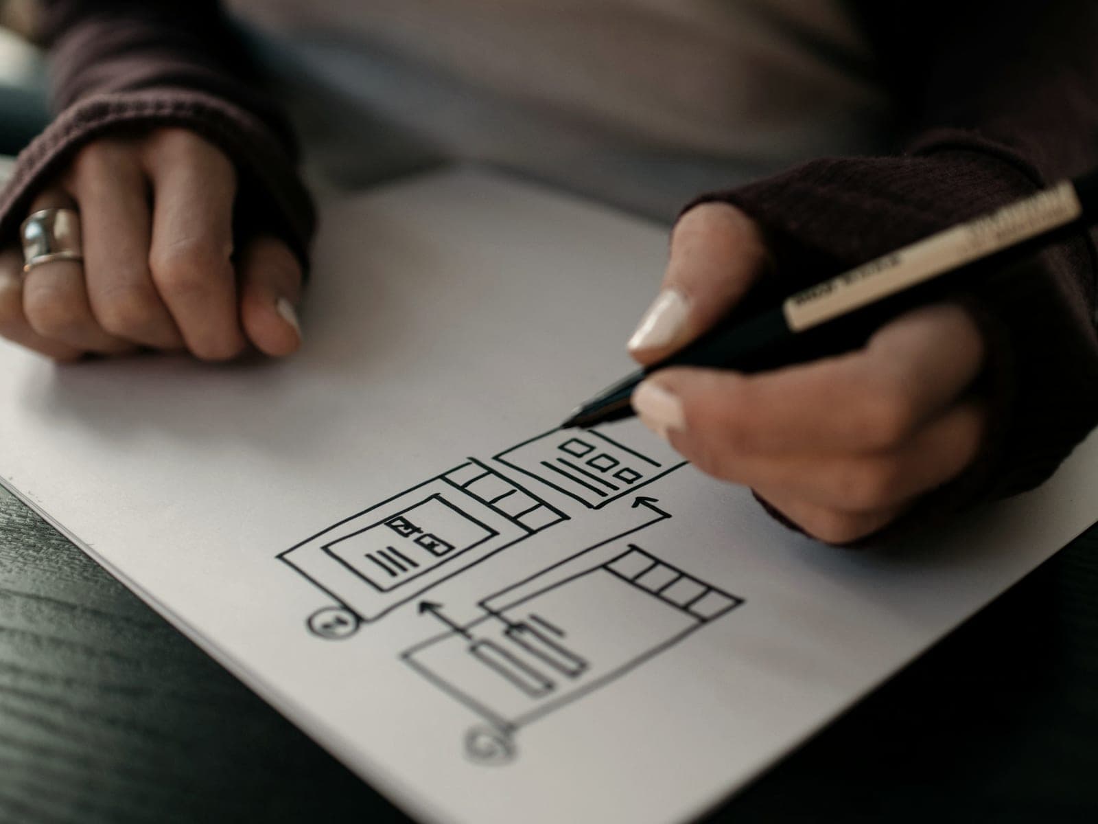 A hand sketching an app's screens and the flow between them on paper
